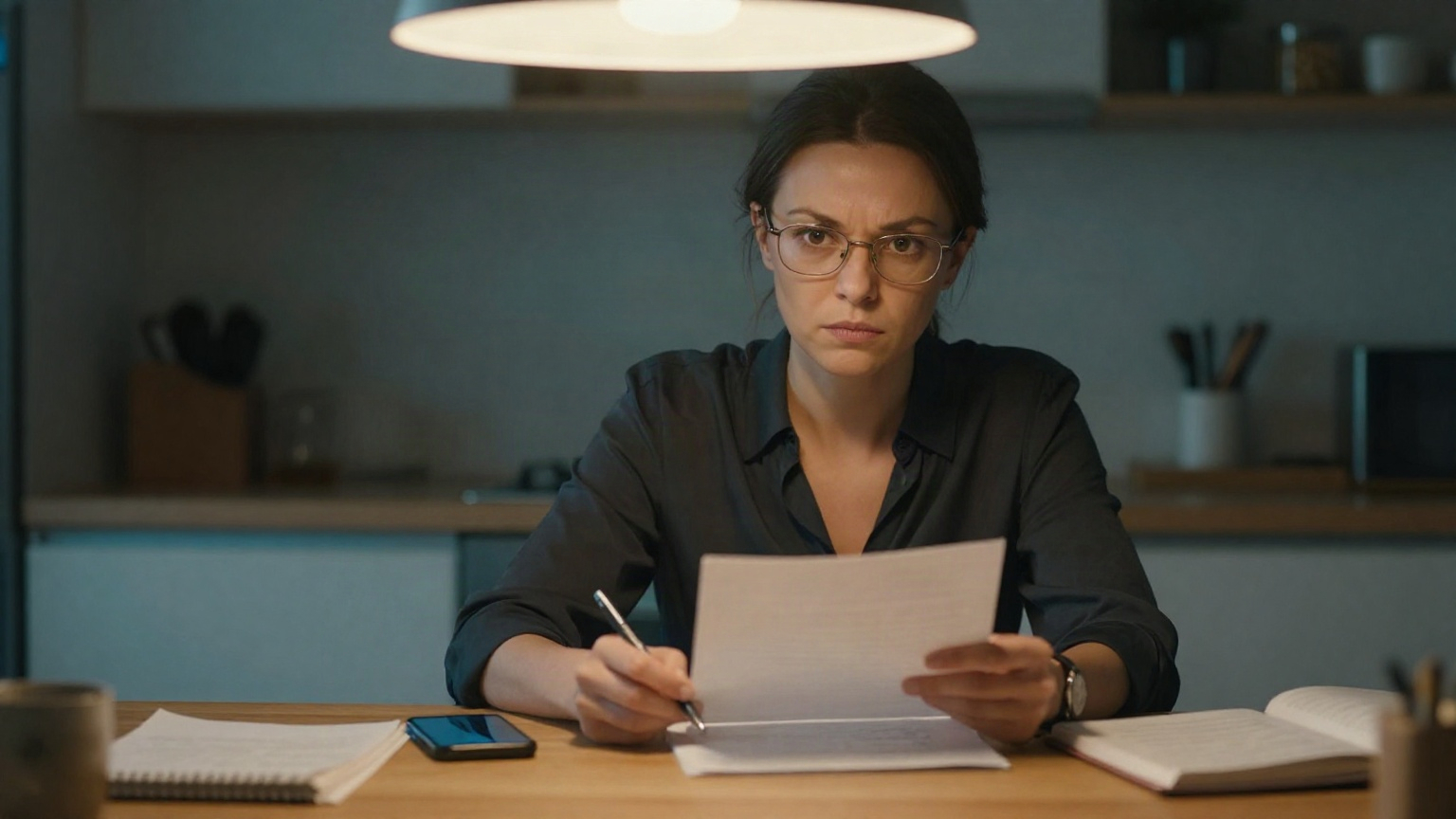 Женщина за кухонным столом ночью пишет заявление при тёплом свете лампы и голубом свечении телефона